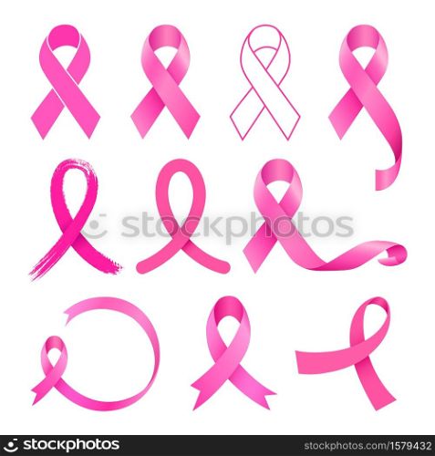 Pink ribbon design set. Breast Cancer Awareness Month. Illustration.