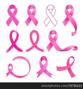 Pink ribbon design set. Breast Cancer Awareness Month. Illustration.