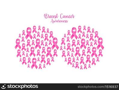 Pink ribbon fill in breast shape. Breast Cancer Awareness Month Campaign. Icon design. Vector illustration isolated on white background.