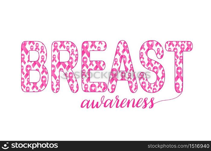 Pink ribbon fill in breast text. Breast Cancer Awareness Month Campaign. Icon design. Vector illustration isolated on white background.