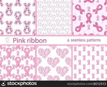 Pink ribbon medical healthcare set seamless pattern. Collection of vector backgrounds. Pink ribbon medical healthcare set seamless pattern