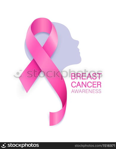 Pink ribbon on woman face. Breast Cancer Awareness Month Campaign. Icon design for poster, banner, t-shirt. Illustration isolated on white background.