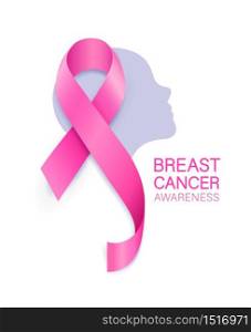 Pink ribbon on woman face. Breast Cancer Awareness Month Campaign. Icon design for poster, banner, t-shirt. Illustration isolated on white background.