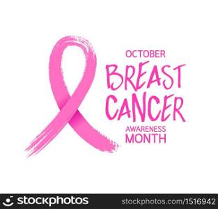 Pink ribbon symbol, brush style. Breast Cancer Awareness Month Campaign. Icon design. Illustration isolated on white background.