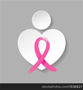 Pink ribbon symbol in graphic of female. Brush style. Breast Cancer Awareness Month Campaign. Icon design. Illustration isolated on gray background.
