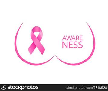 Pink ribbon symbol with graphic of breast. Breast Cancer Awareness Month Campaign. Icon design. Vector illustration isolated on white background.