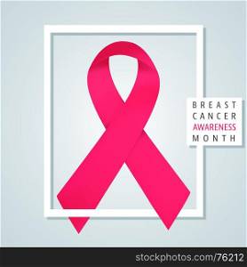 Pink ribbon with frame. Breast cancer awareness month poster template. Vector illustration.. Pink ribbon with frame