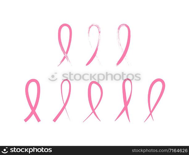 Pink Ribbons collection. Ribbons drawn by brushes. Ribbon in modern simple flat design, isolated on white background. Ribbons different shape. Vector illustration