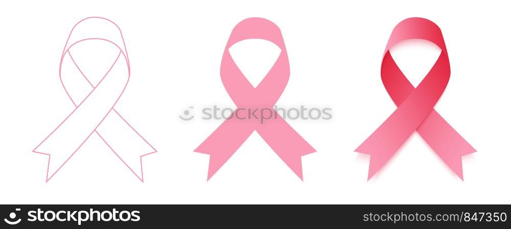Pink Ribbons set. Ribbons in line flat and realistic design. Eps10. Pink Ribbons set. Ribbons in line flat and realistic design