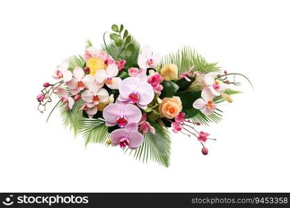 Pink rose and orchid flowers with tropical green leaf. Vector illustration design.