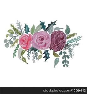 Pink rose green leaves watercolor art design elements stock vector illustration for web