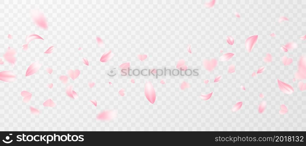 Pink rose petals and pink hearts will fall on abstract floral background with gorgeous rose petal greeting card design.