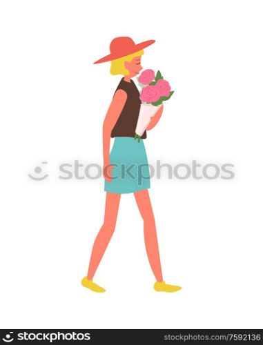 Pink roses given to woman vector, isolated girl wearing stylish clothes on international womens day. Female walking with flowers in paper wrapping. Blond Woman Walking with Roses in Paper Wrapping