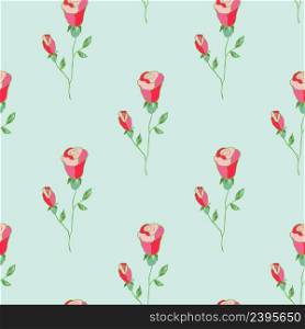 Pink roses hand drawn on a light green background. Seamless vector floral pattern. Pink branches with rose buds on a green background.. Pink roses hand drawn on a light green background.