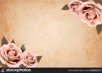 Pink roses on a vintage old paper background. Vector.