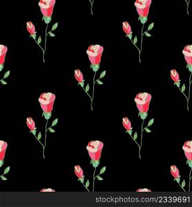 Pink roses on black background seamless vector pattern. Flowers on a dark background. For fabric, wallpaper or packaging.. Pink roses on black background vector pattern.