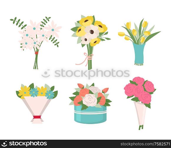 Pink roses put in container vector, isolated icons set, tulips in wrapping, tied together. Filling of bouquets, foliage and greenery leaves, fern. Early spring and summer flower for wedding. Flowers in Bouquets, Roses and Tulips Box Set