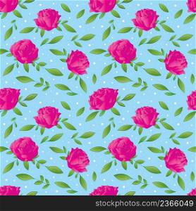 Pink roses seamless pattern on light blue background. Vector illustration.