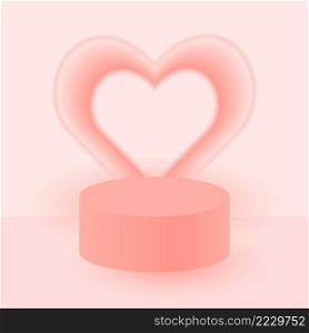 Pink round 3d podium pedestal or platform. Abstract cylindrical scene on neon heart shape background for cosmetics advertisement layout presentation. Pastel vector background.. Pink round 3d podium pedestal or platform.