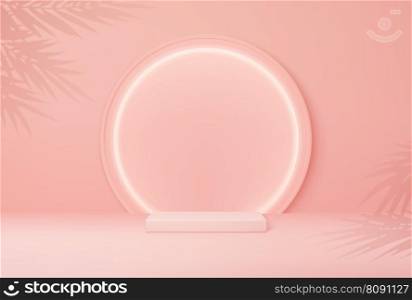 Pink round podium with palm leaves background, product platform or vector pedestal stage. Pink podium stand display or 3D minimal scene with light and palm leaves on background for studio showcase. Pink round podium with palm leaves background