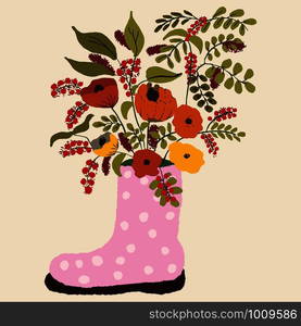 Pink rubber boots with white polka dots. Autumn color flowers in a boot. Seasonal floral vector illustration with bouquet.. Pink rubber boots with white polka dots.