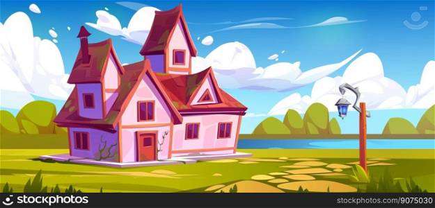 Pink rural house on forest glade near lake. Vector cartoon illustration of country cottage building surrounded by bushes, green grass, blue river, stone footpath, old lantern. Game background. Pink rural house on forest glade near lake