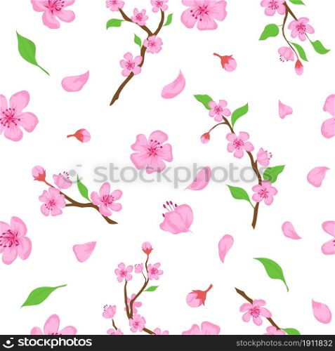 Pink sakura blossom flowers, petals and branches seamless pattern. Japanese spring cherry blooming print. Romantic floral vector wallpaper. Floral design with falling twigs and foliage. Pink sakura blossom flowers, petals and branches seamless pattern. Japanese spring cherry blooming print. Romantic floral vector wallpaper