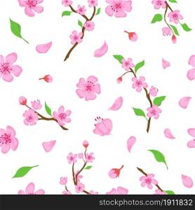 Pink sakura blossom flowers, petals and branches seamless pattern. Japanese spring cherry blooming print. Romantic floral vector wallpaper. Floral design with falling twigs and foliage. Pink sakura blossom flowers, petals and branches seamless pattern. Japanese spring cherry blooming print. Romantic floral vector wallpaper