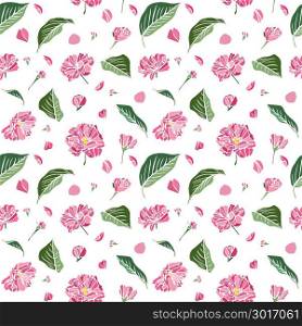 pink sakura flowers and green leaflets, seamless pattern isolated on white background