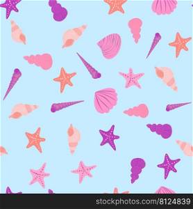 Pink Seamless pattern with starfish, corals, pearls and shells. Vector background with a marine theme. Seamless pattern with starfish, corals, pearls and seashells. Vector background with marine theme.