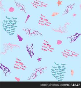 Pink Seamless pattern with starfish, corals, pearls and shells. Vector background with a marine theme. Seamless pattern with starfish, corals, pearls and seashells. Vector background with marine theme.