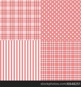 pink seamless patterns. Vector set of 4 pink patterns striped, plaid, spotted . It s a girl. Good for Baby Shower, Birthday, Scrapbook, Greeting Cards, Gift Wrap, surface textures.