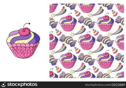 Pink Set of element and seamless pattern. Ideal for children&rsquo;s clothing. Sweet Cupcake, muffin. Cupcake, muffin. Set of element and seamless pattern