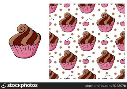 Pink Set of element and seamless pattern. Ideal for children&rsquo;s clothing. Cupcake, muffin. Sweet pastries. Can be used for fabric and etc. Cupcake, muffin. Set of element and seamless pattern