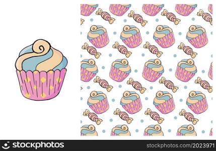 Pink Set of element and seamless pattern. Ideal for children&rsquo;s clothing. Cupcake, muffin. Sweet pastries. Can be used for fabric, packaging, wrapping paper and etc. Cupcake, muffin. Set of element and seamless pattern