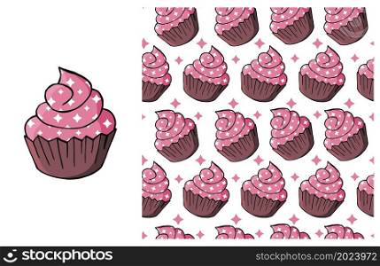 Pink Set of element and seamless pattern. Ideal for children&rsquo;s clothing. Cupcake, muffin. Sweet pastries. Can be used for fabric, wrapping and etc. Cupcake, muffin. Set of element and seamless pattern