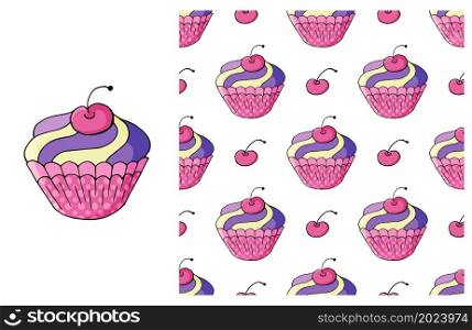 Pink Set of element and seamless pattern. Ideal for children&rsquo;s clothing. Cupcake, muffin. Sweet pastries. Can be used for fabric. Cupcake, muffin. Set of element and seamless pattern
