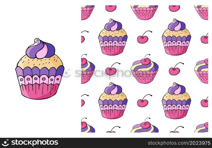 Pink Set of element and seamless pattern. Ideal for children&rsquo;s clothing. Cupcake, muffin. Sweet pastries. Cupcake, muffin. Set of element and seamless pattern