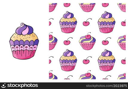 Pink Set of element and seamless pattern. Ideal for children&rsquo;s clothing. Cupcake, muffin. Sweet pastries. Cupcake, muffin. Set of element and seamless pattern