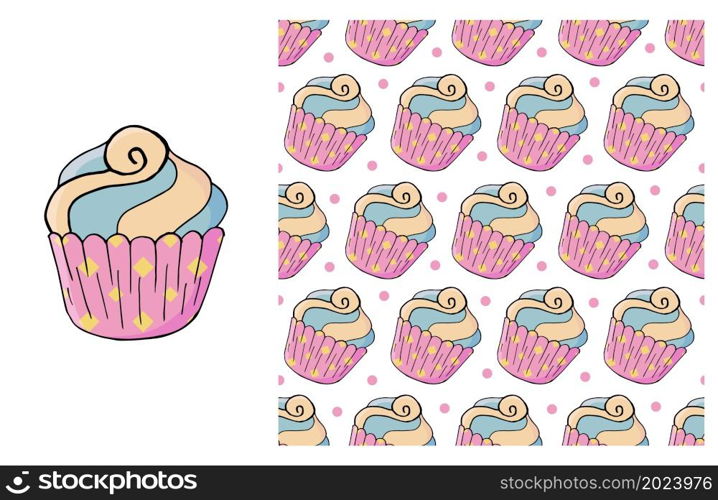 Pink Set of element and seamless pattern. Ideal for children&rsquo;s clothing. Cupcake, muffin. Sweet. Cupcake, muffin. Set of element and seamless pattern