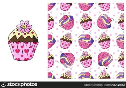 Pink Set of element and seamless pattern. Ideal for children&rsquo;s clothing. Sweet pastries. Cupcake, muffin. Can be used for fabric, packaging, wrapping paper and etc. Cupcake, muffin. Set of element and seamless pattern