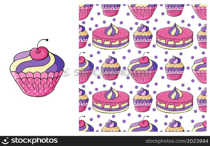 Pink Set of element and seamless pattern. Ideal for children&rsquo;s clothing. Sweet pastries. Cupcake, muffin. Can be used for fabric, wrapping and etc. Cupcake, muffin. Set of element and seamless pattern