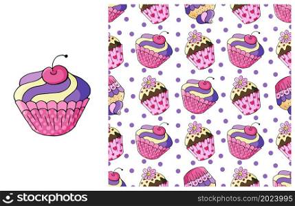 Pink Set of element and seamless pattern. Ideal for children&rsquo;s clothing. Sweet pastries. Cupcake, muffin. Can be used for fabric, wrapping paper and etc. Cupcake, muffin. Set of element and seamless pattern