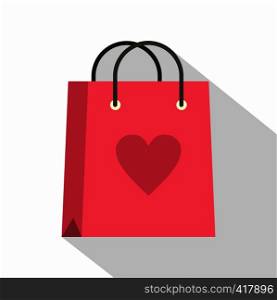 Pink shopping bag with heart icon. Flat illustration of pink shopping bag with heart vector icon for web isolated on white background. Pink shopping bag with heart icon, flat style
