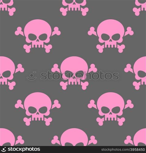 Pink skull on a grey background seamless pattern. Head of skeleton and bones. Vector ornament for Halloween.&#xA;