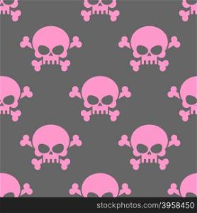 Pink skull on a grey background seamless pattern. Head of skeleton and bones. Vector ornament for Halloween.&#xA;