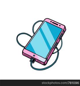pink smartphone mobile phone gadget. Comic cartoon pop art retro vector drawing illustration. pink smartphone mobile phone gadget