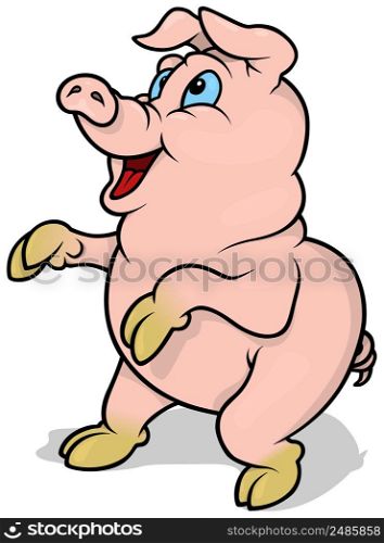 Pink Smiling Piggy Standing on Hind Legs - Colored Cartoon Illustration Isolated on White Background, Vector