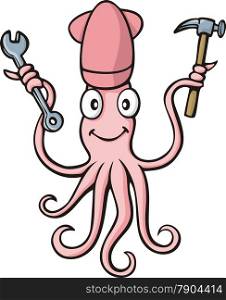 Pink smiling squid cartoon with wrench and hammer on white background.
