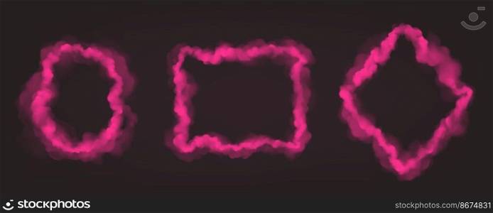 Pink smoke frames isolated on dark background. Vector realistic set of borders from magic fog,πnk mist clouds in shape ofˆ≤, square andρmbus. Abstract ban≠rs with smoke texture frames. Vector realistic set ofπnk smoke frames